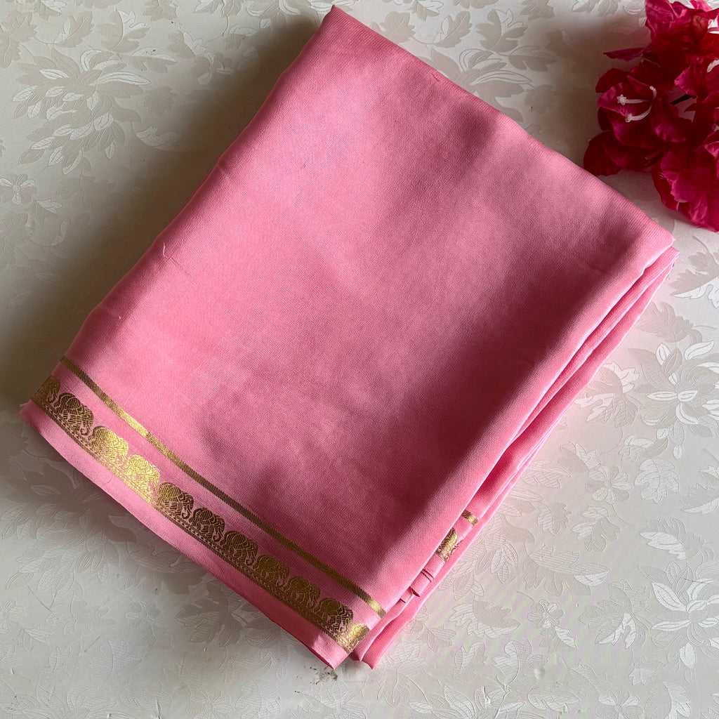 Light Rose Pink Mysore Crepe Silk Saree With Gold Elephant Border
