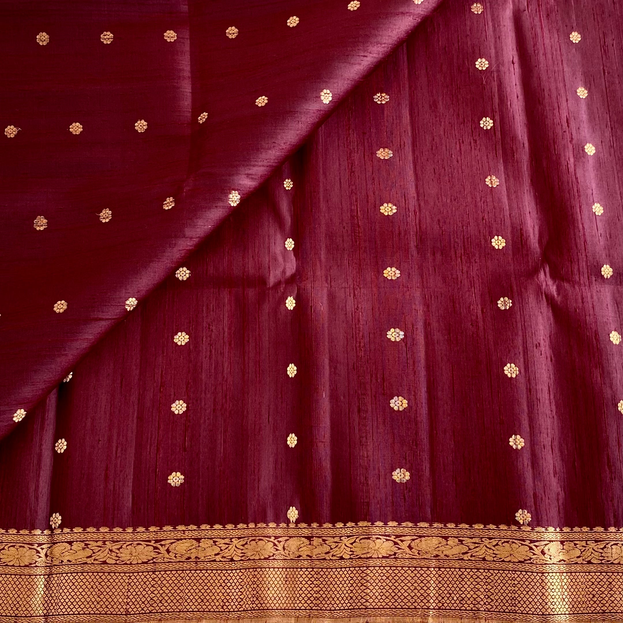 Deep Chocolate Designer Pure Raw Silk Saree With Antique Gold Zari Border & Green Blouse