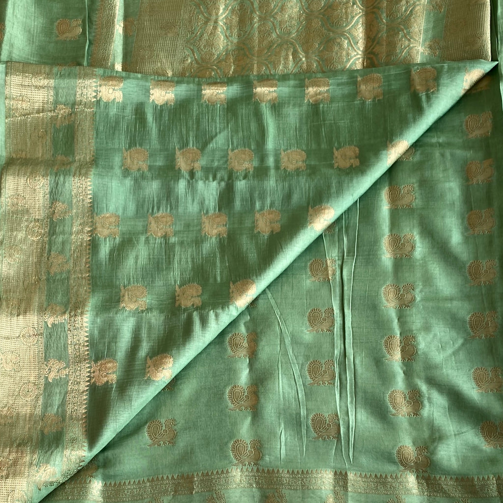 Mint Green Silk Saree With Gold Brocade Paisley Work Border