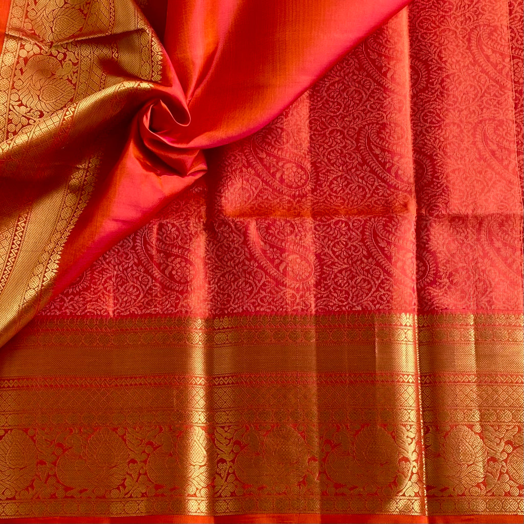 Kanakambari Orange Brocade Designer Pure Silk With Gold Diamond Buta Border