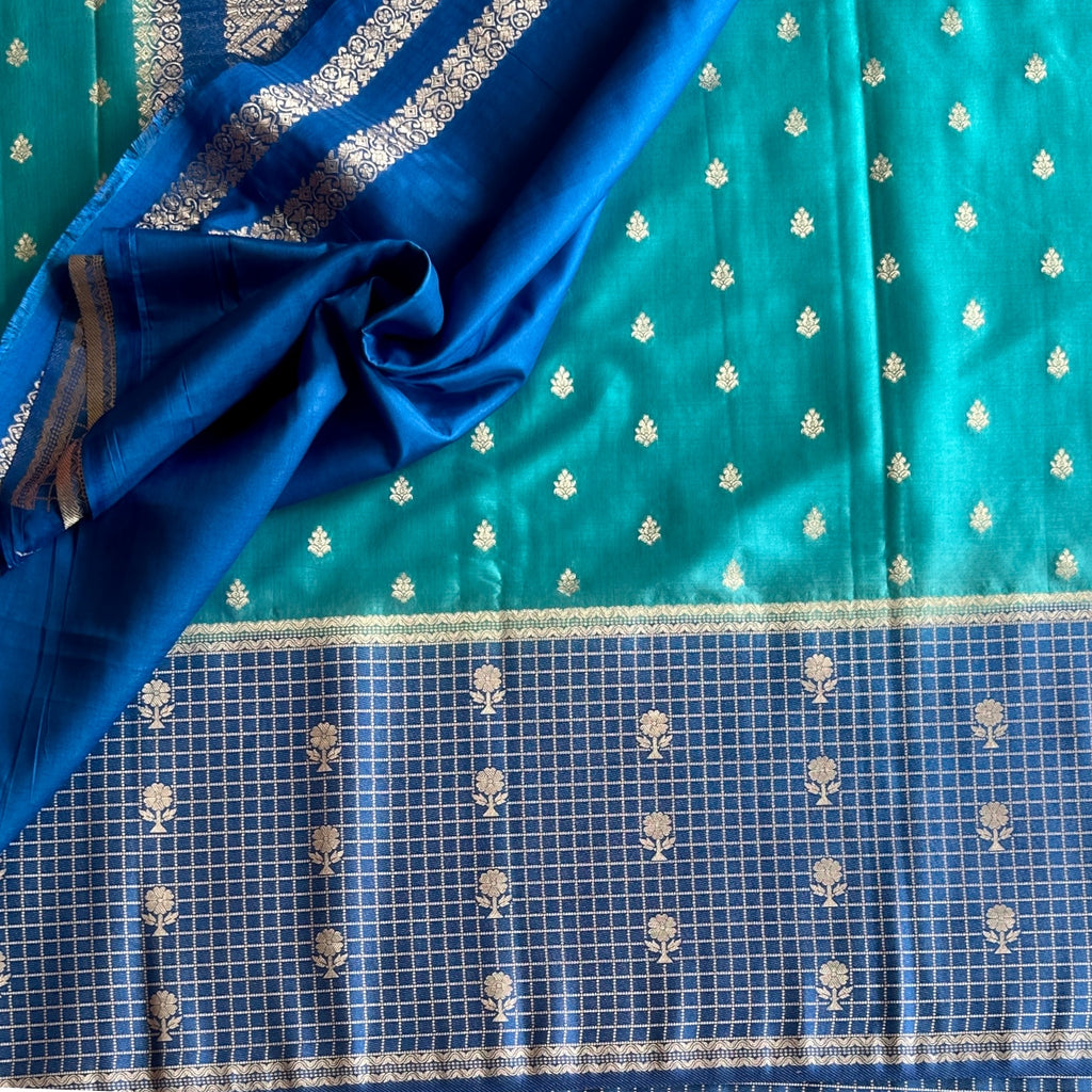 Teal Green Silk Saree Royal Blue Silver Zari Floral Buta