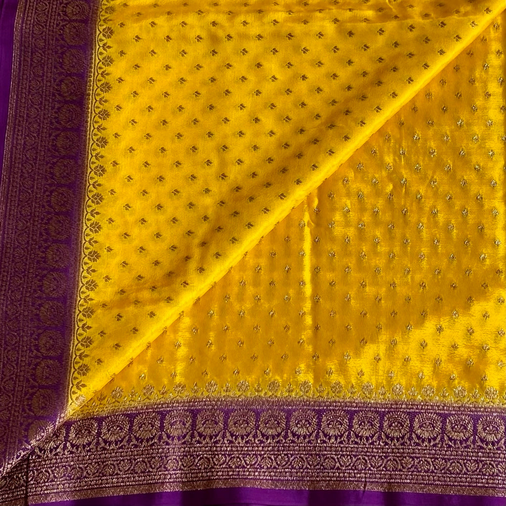 Sunflower Yellow Banarasi Crepe Silk Saree Royal Purple Pallu