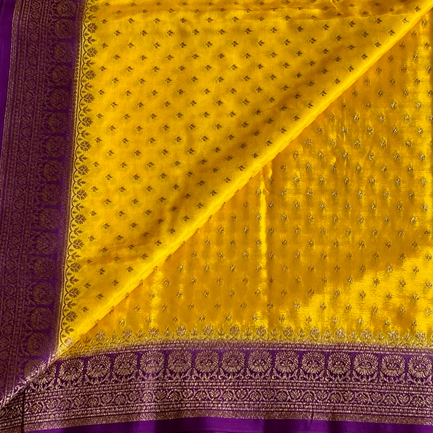 Sunflower Yellow Banarasi Crepe Silk Saree Royal Purple Pallu