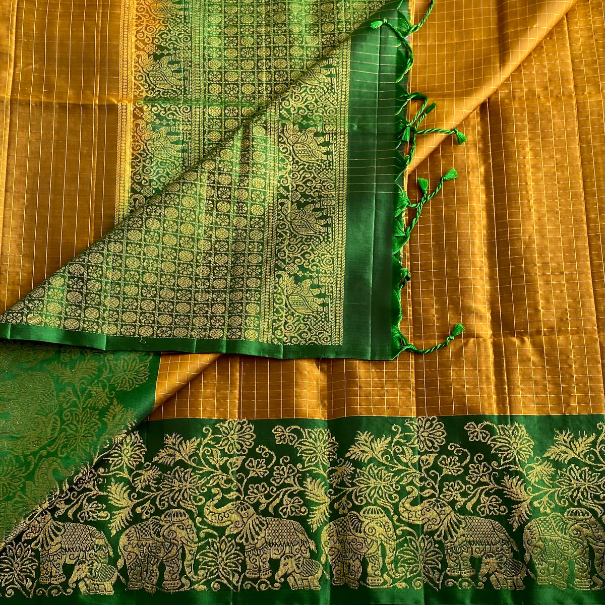 Mustard Gold Designer Pure Silk Saree With Emerald Green Pallu