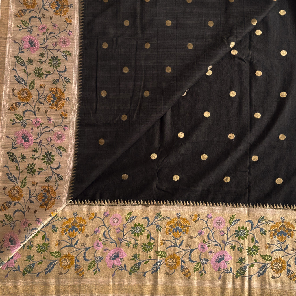 Midnight Black Saree Pale Beige Floral Pallu Gold Polka Dots
