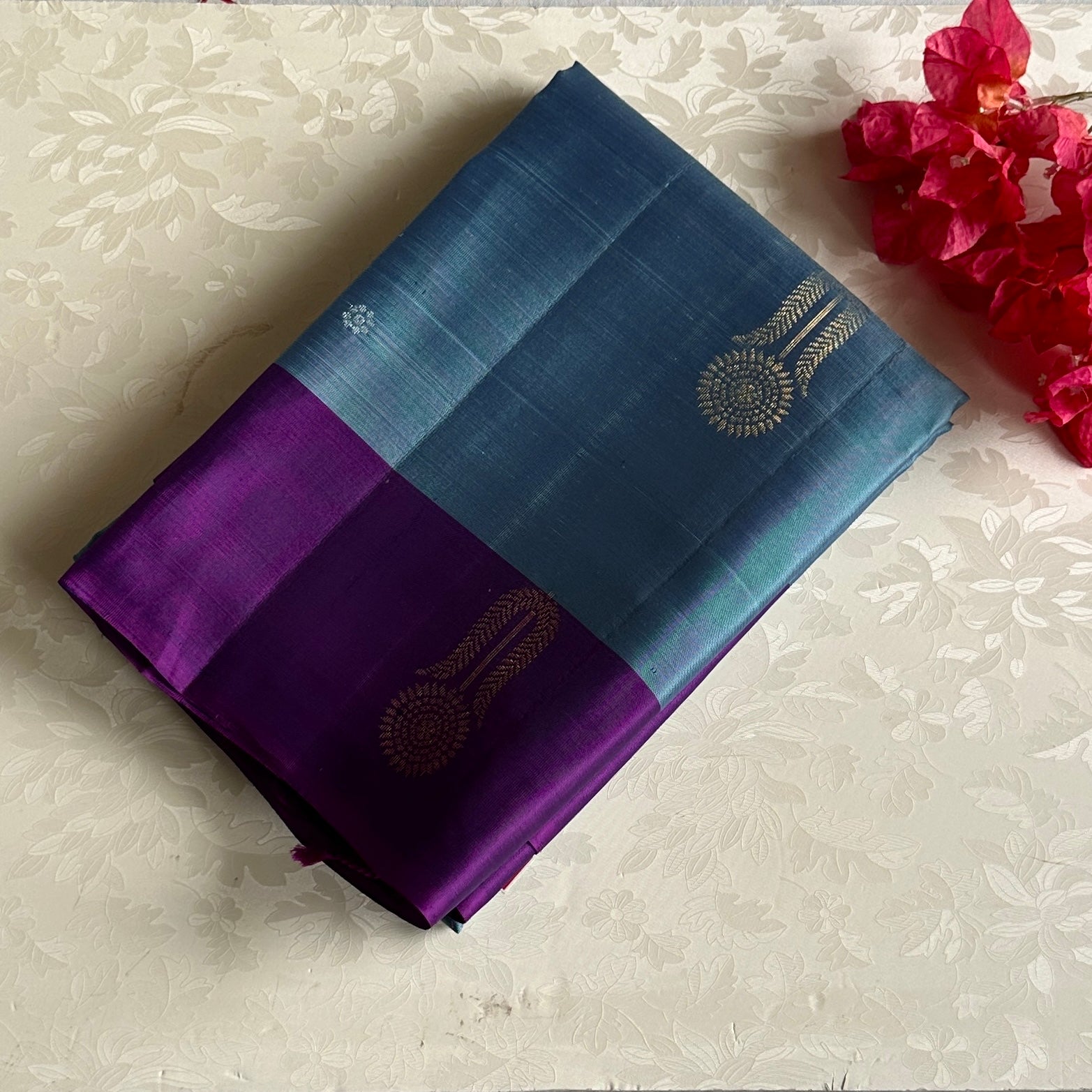 Royal Purple Designer Pure Silk Saree With Teal Blue Pallu