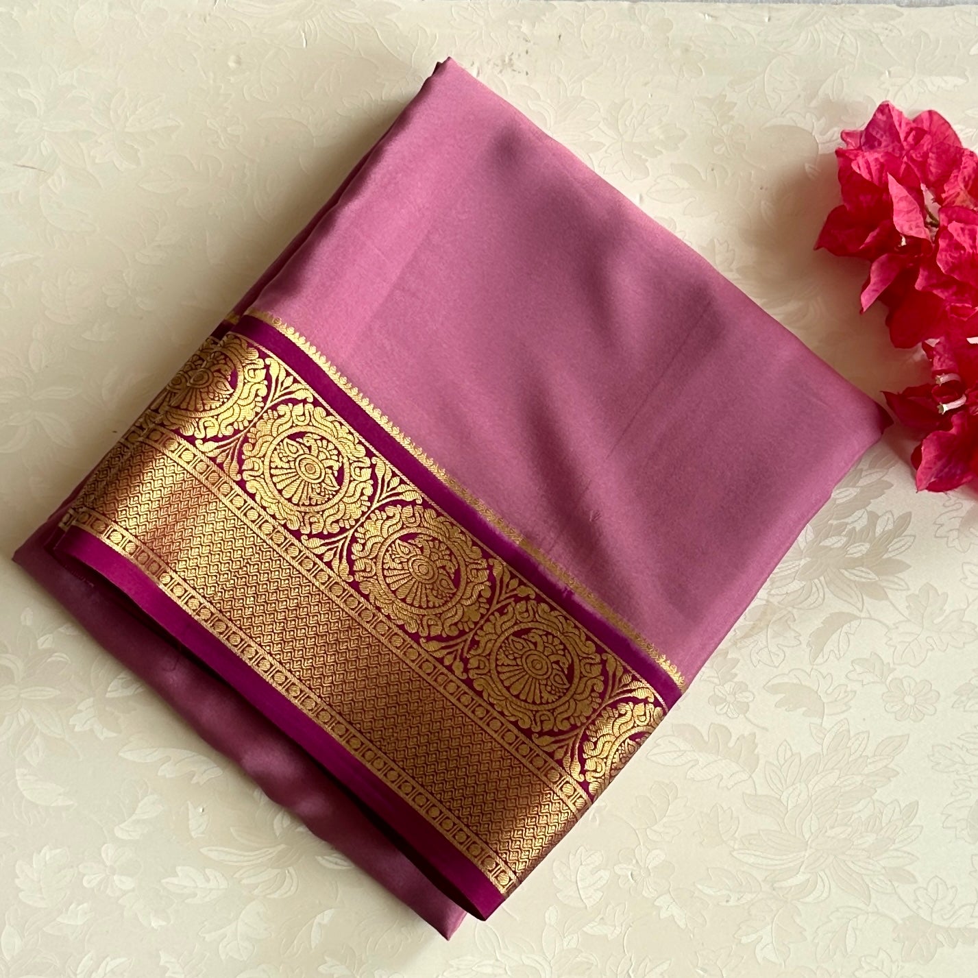 Stunner Light Mauve with Deep Magenta Pink Handwoven Pure Mysore Silk