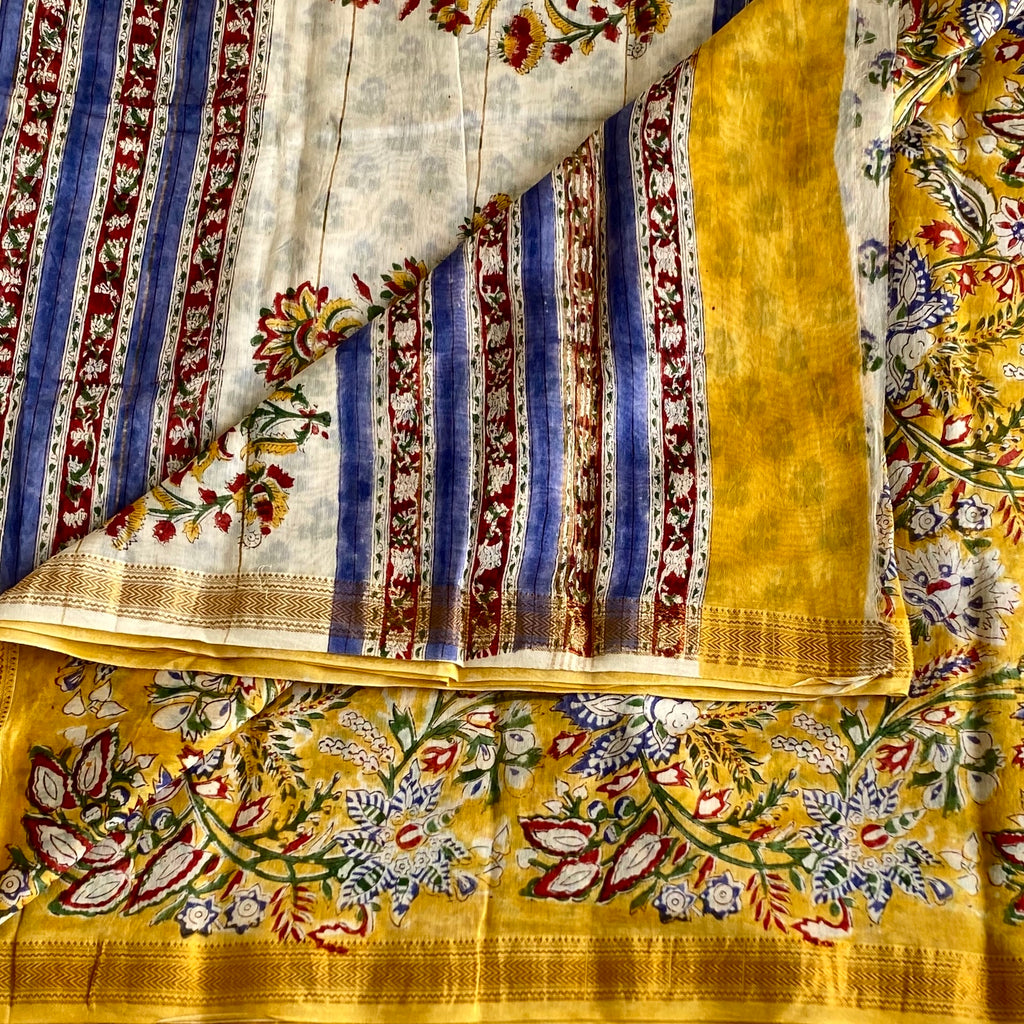 Mustard Yellow Soft Tussar Silk Saree With Royal Blue Floral Print