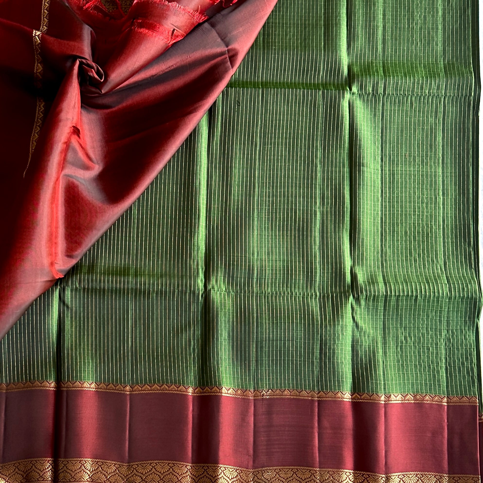 Maroon Silk Saree Gold Zari Border Green Striped Pleats