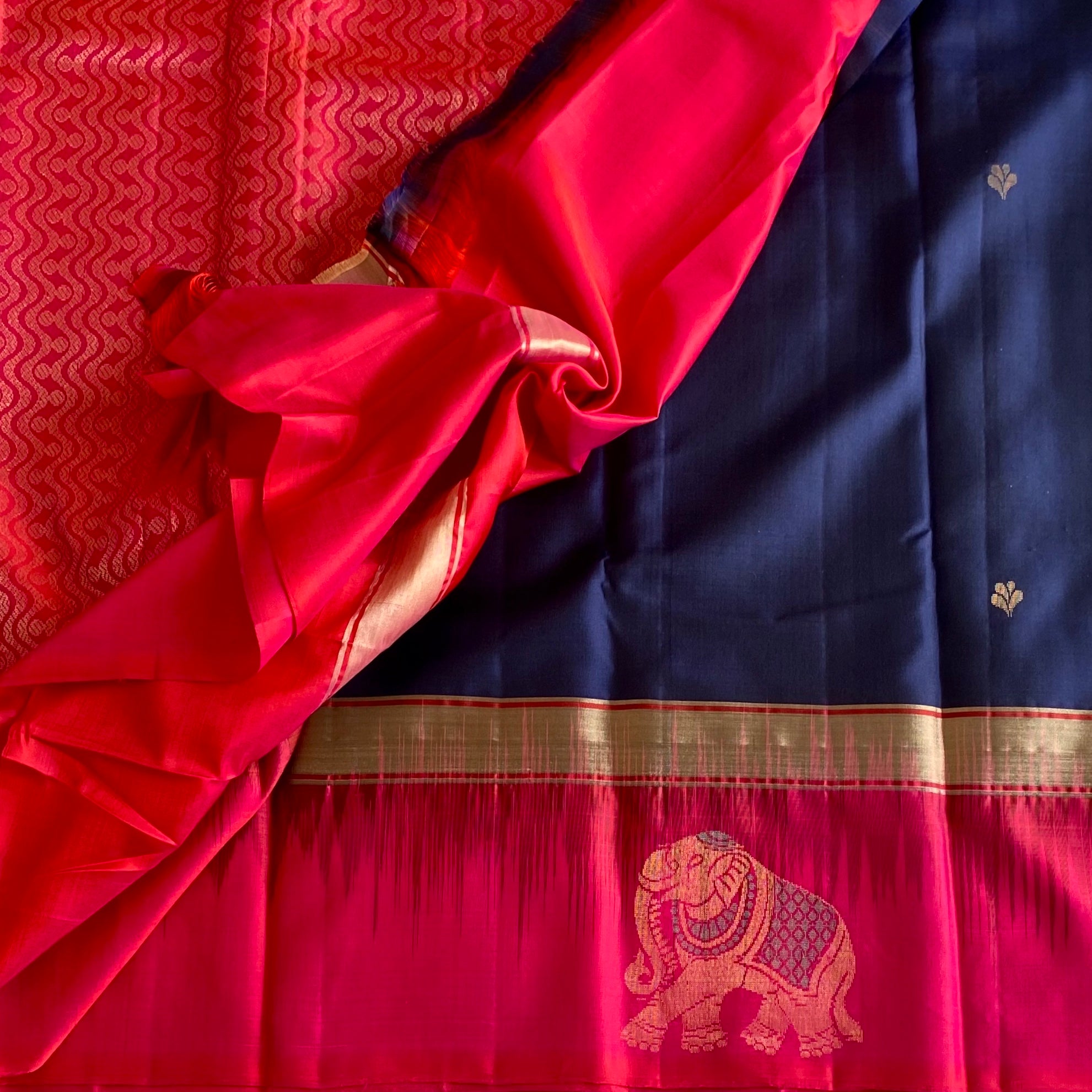 Midnight Navy Blue Designer Pure Silk With Pink Borders & Rich Pallu