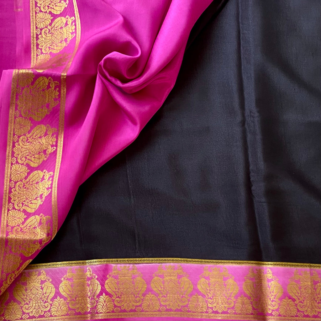 Jet Black Saree Magenta Border Gold Zari Festive Traditional Wear