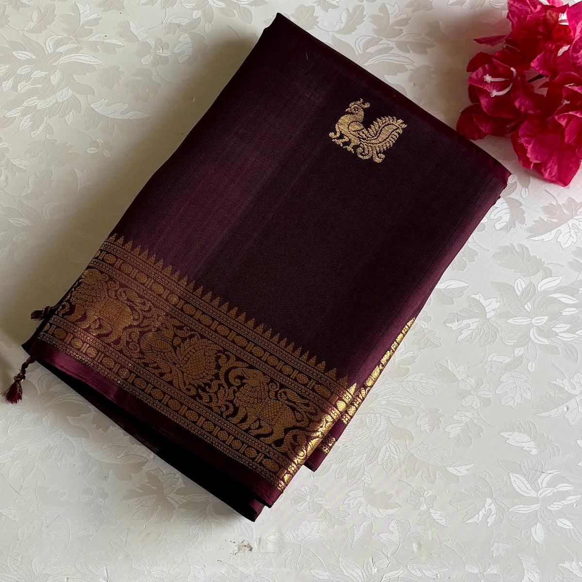 Designer Pure Silk Deep Chocolate Wine Antique Gold Saree With Woven Temple Border