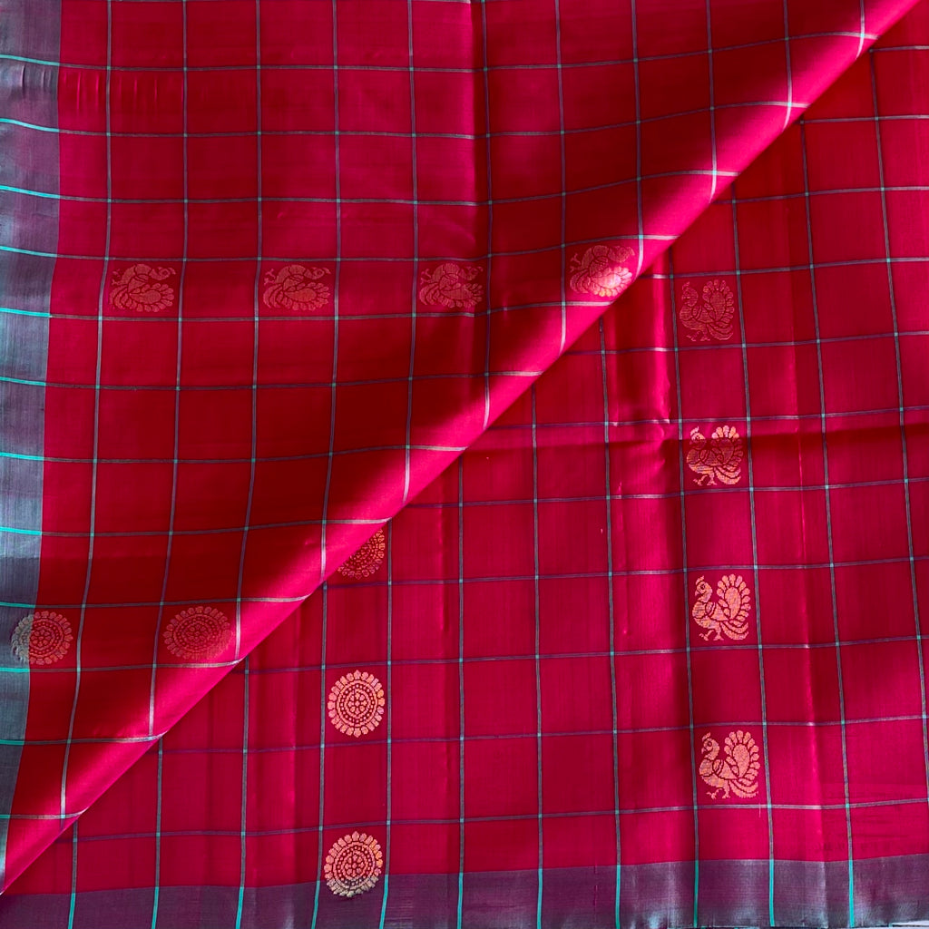 Pomegranate Pink Designer Pure Silk Saree With Turquoise Pallu