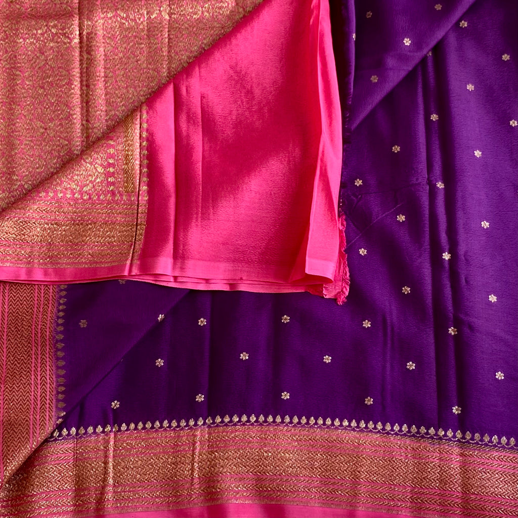 Royal Purple Banarasi Crepe Silk Saree With Rani Pink Pallu