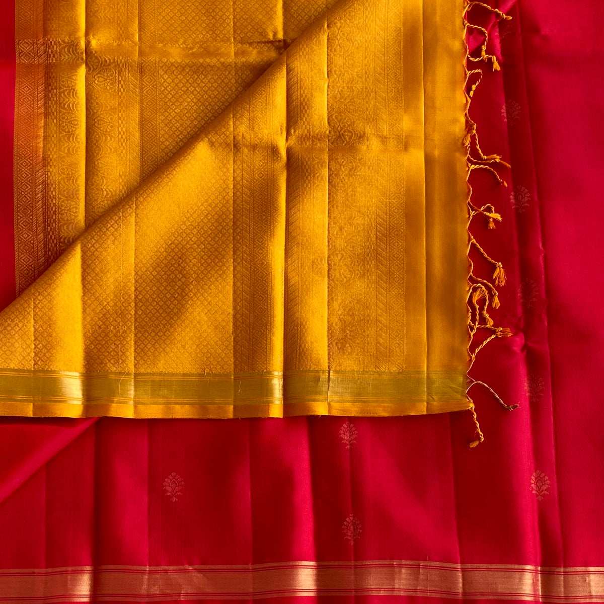 Cherry Reddish Pink Designer Pure Silk Saree With Mustard Gold Pallu