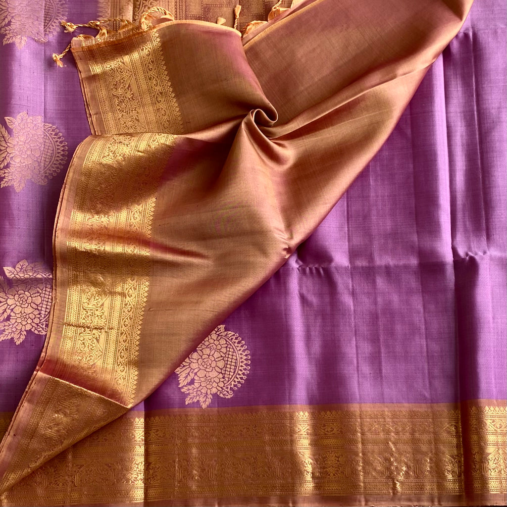 Metallic Lavender Designer Pure Silk With Bronze Copper Pallu