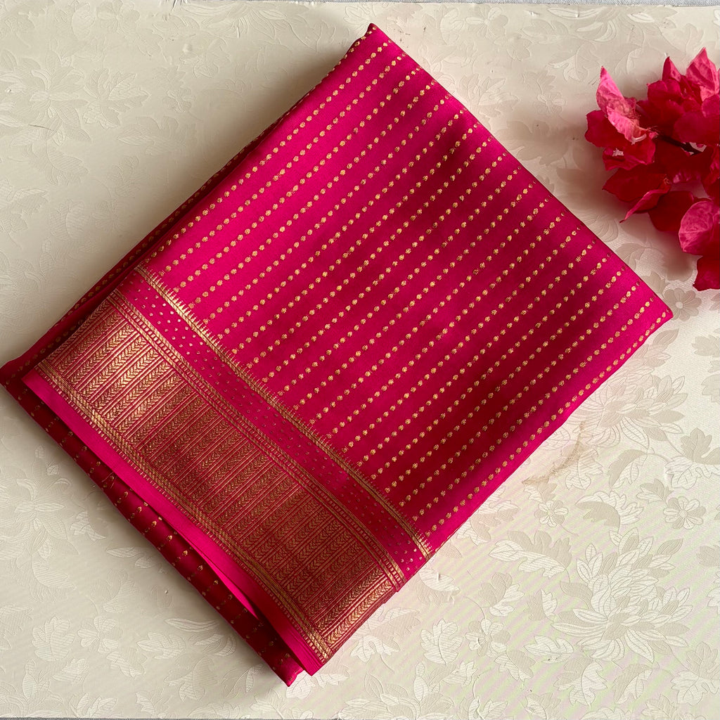Mysore Crepe Silk Rani Pink Saree With Gold Zari Border