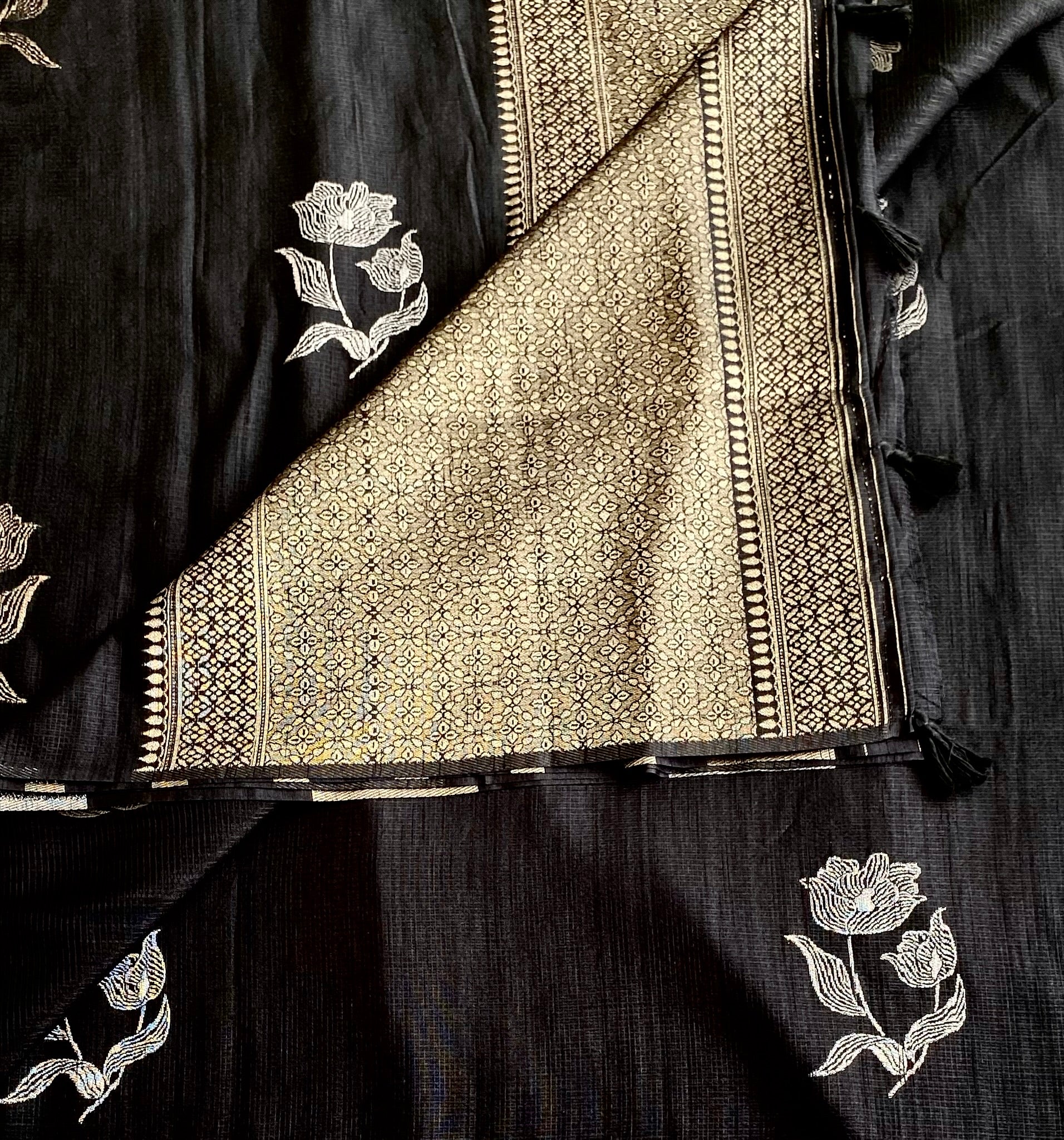 Charcoal Black Soft Jute Tussar Saree With Antique Gold Pallu