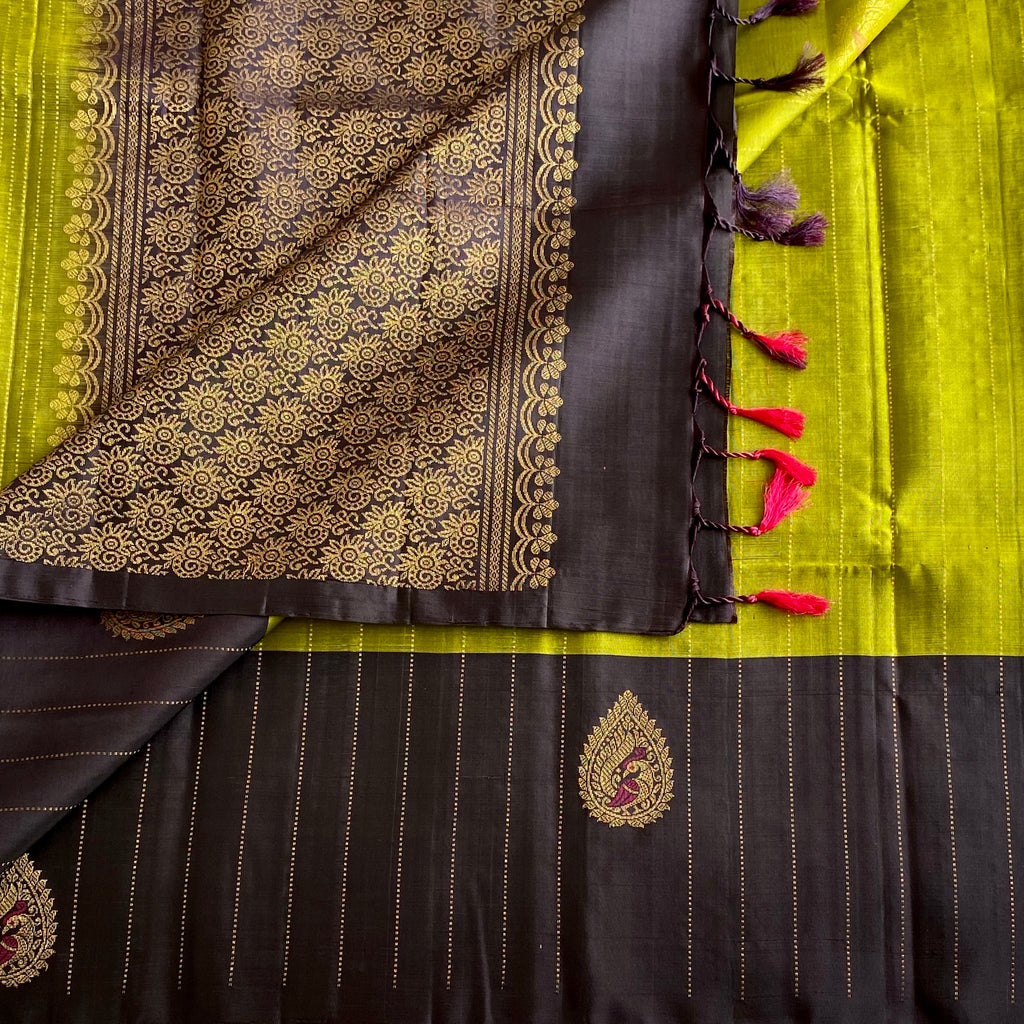 Lime Green Designer Pure Silk Saree With Charcoal Black Floral Pallu