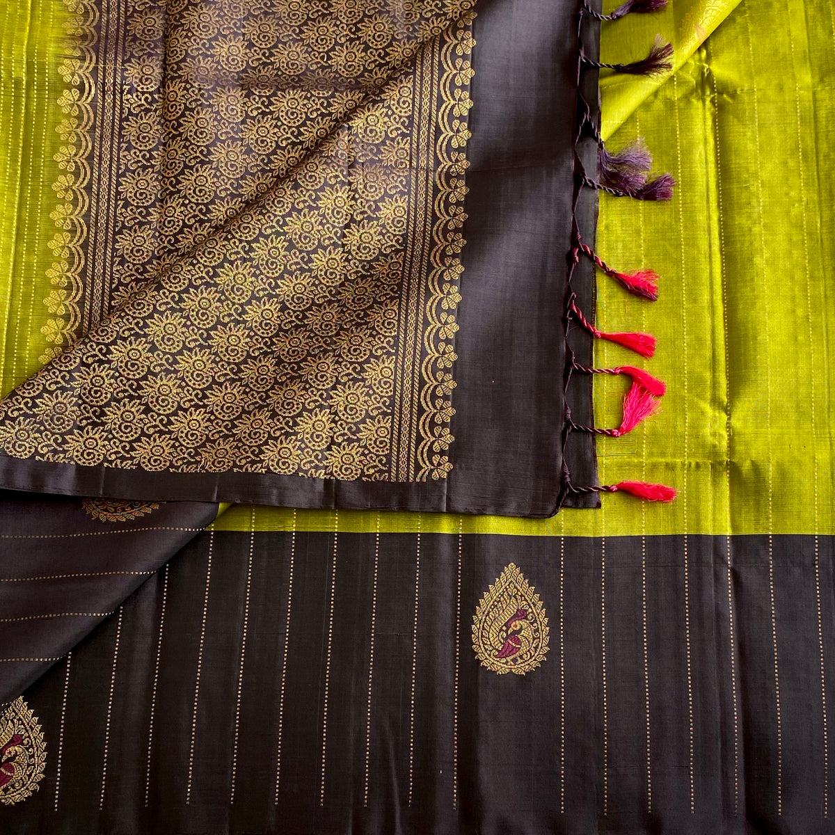 Lime Green Designer Pure Silk Saree With Charcoal Black Floral Pallu