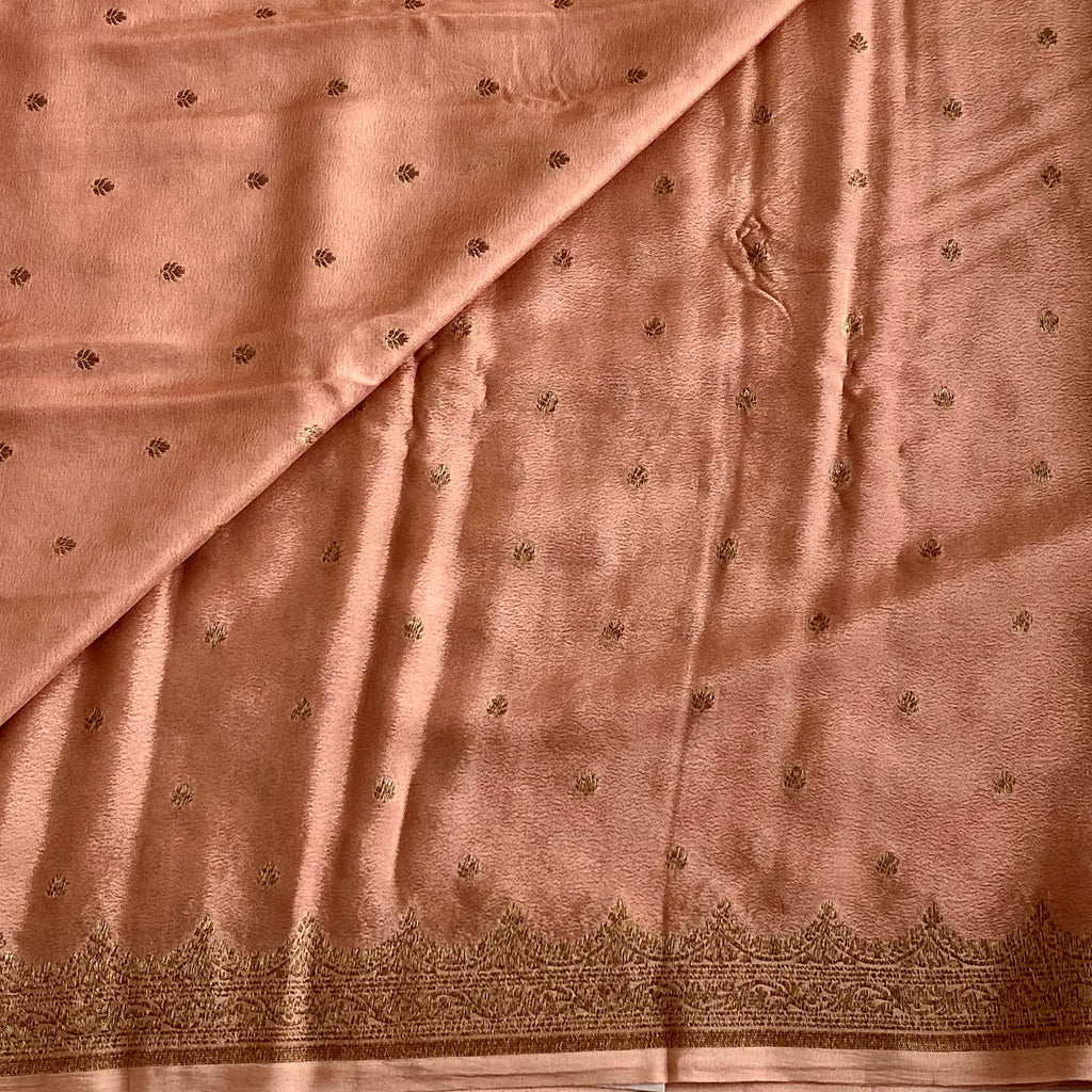 Metallic Bronze Banarasi Soft Crepe Silk Saree With Antique Gold Woven Border