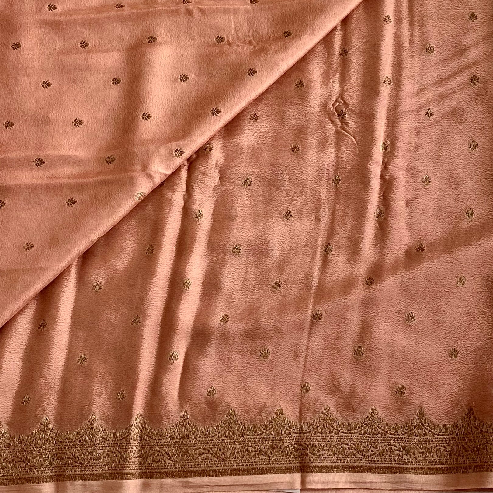 Metallic Bronze Banarasi Soft Crepe Silk Saree With Antique Gold Woven Border