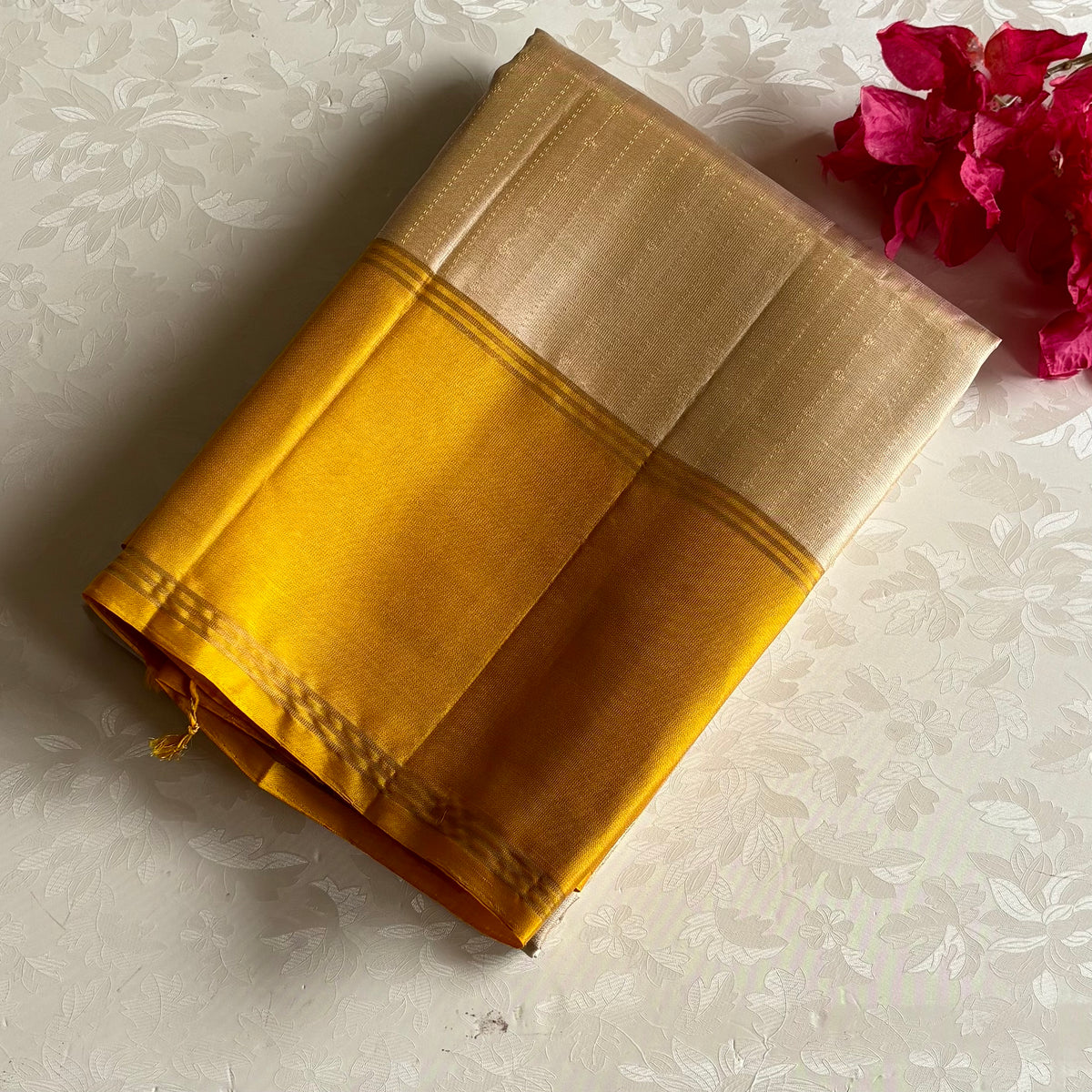 Designer Pure Silk Champagne Beige & Mustard Yellow Saree