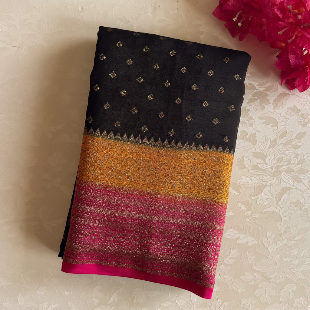 Black • Mustard • Pink soft Banarasi crepe silk with tiny buttas