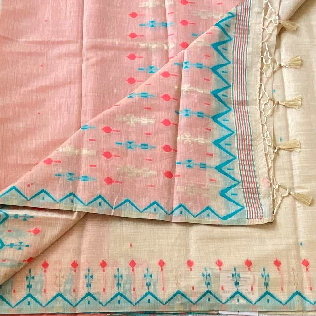 Pastel Pink Beige Saree Turquoise Zigzag Border Tassel Ikat Design