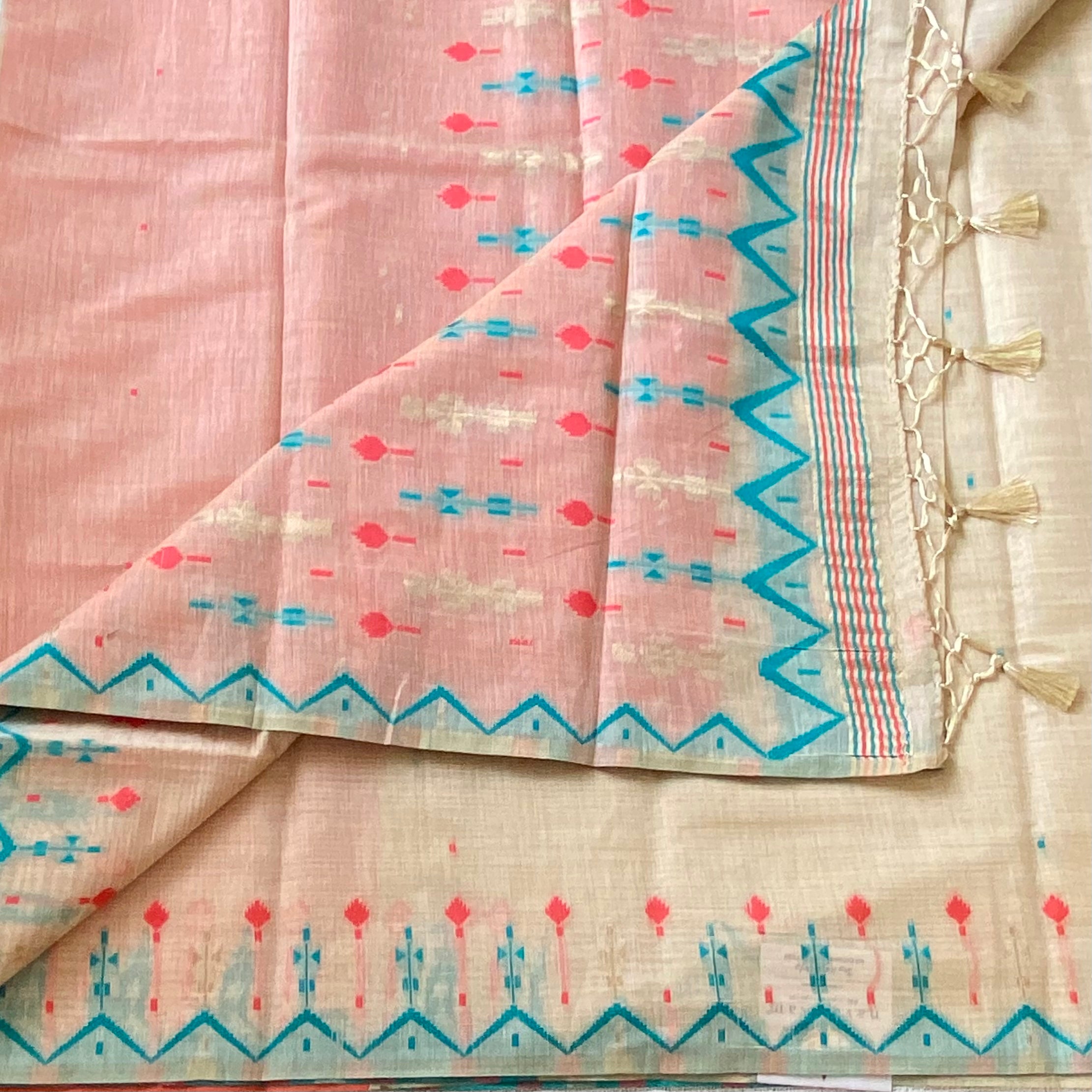 Pastel Pink Beige Saree Turquoise Zigzag Border Tassel Ikat Design
