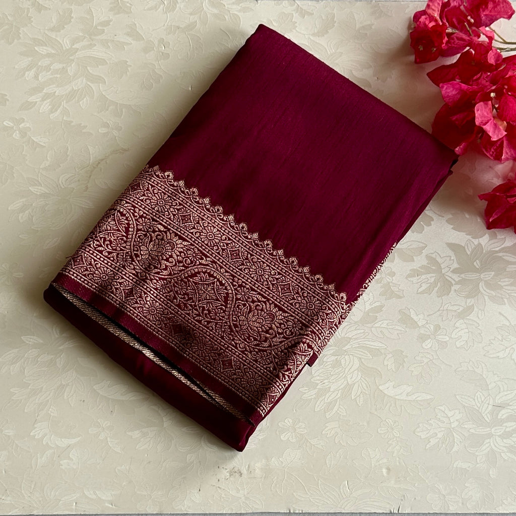 Plum soft tussar with rich Paisley Pallu and woven blouse