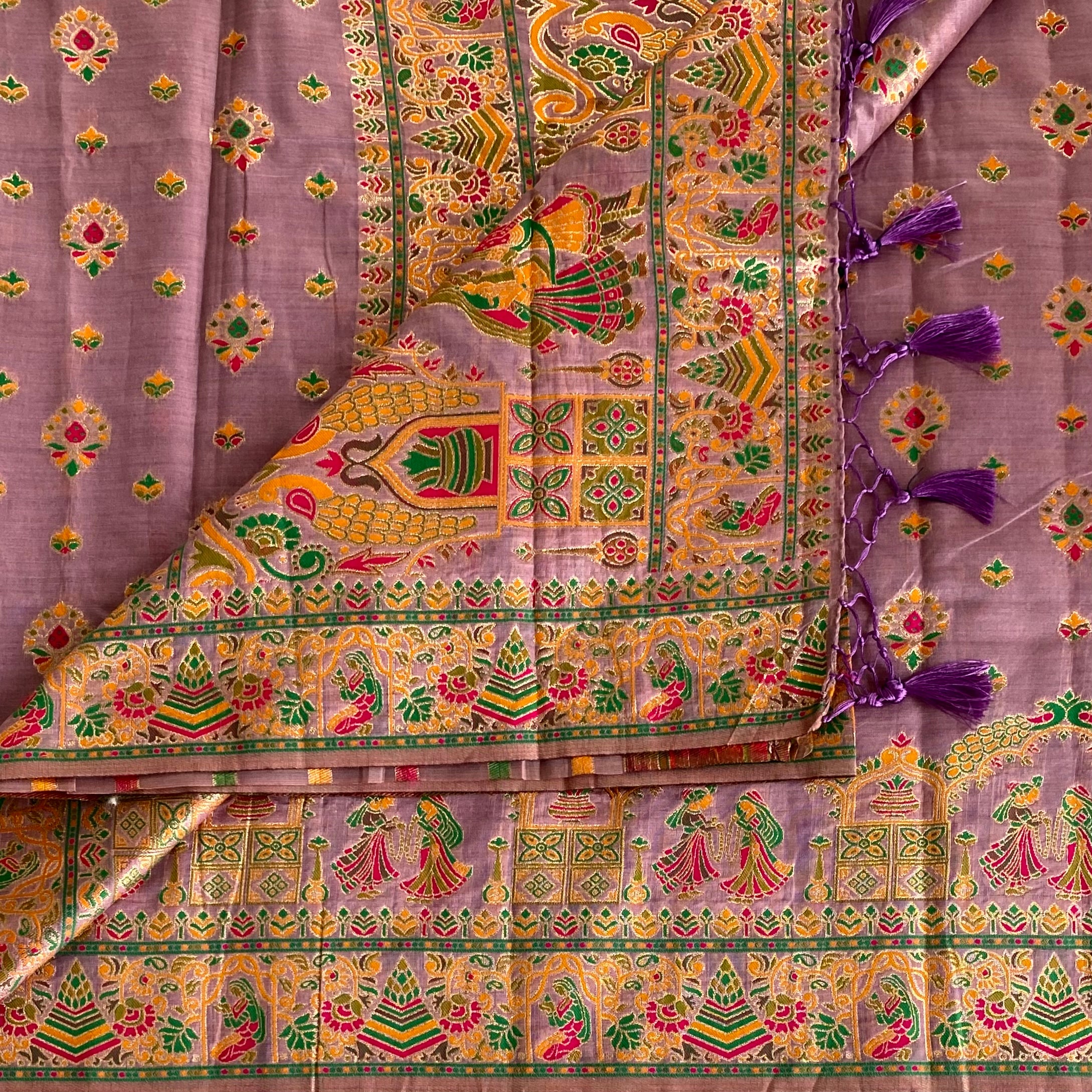 Lavender Rani Pink Soft Tussar Silk Saree With Gold Zari Border