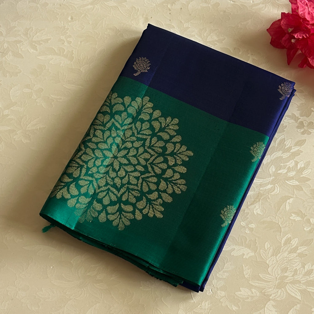 Royal Blue Teal Green Silk Saree Gold Zari Buti Work