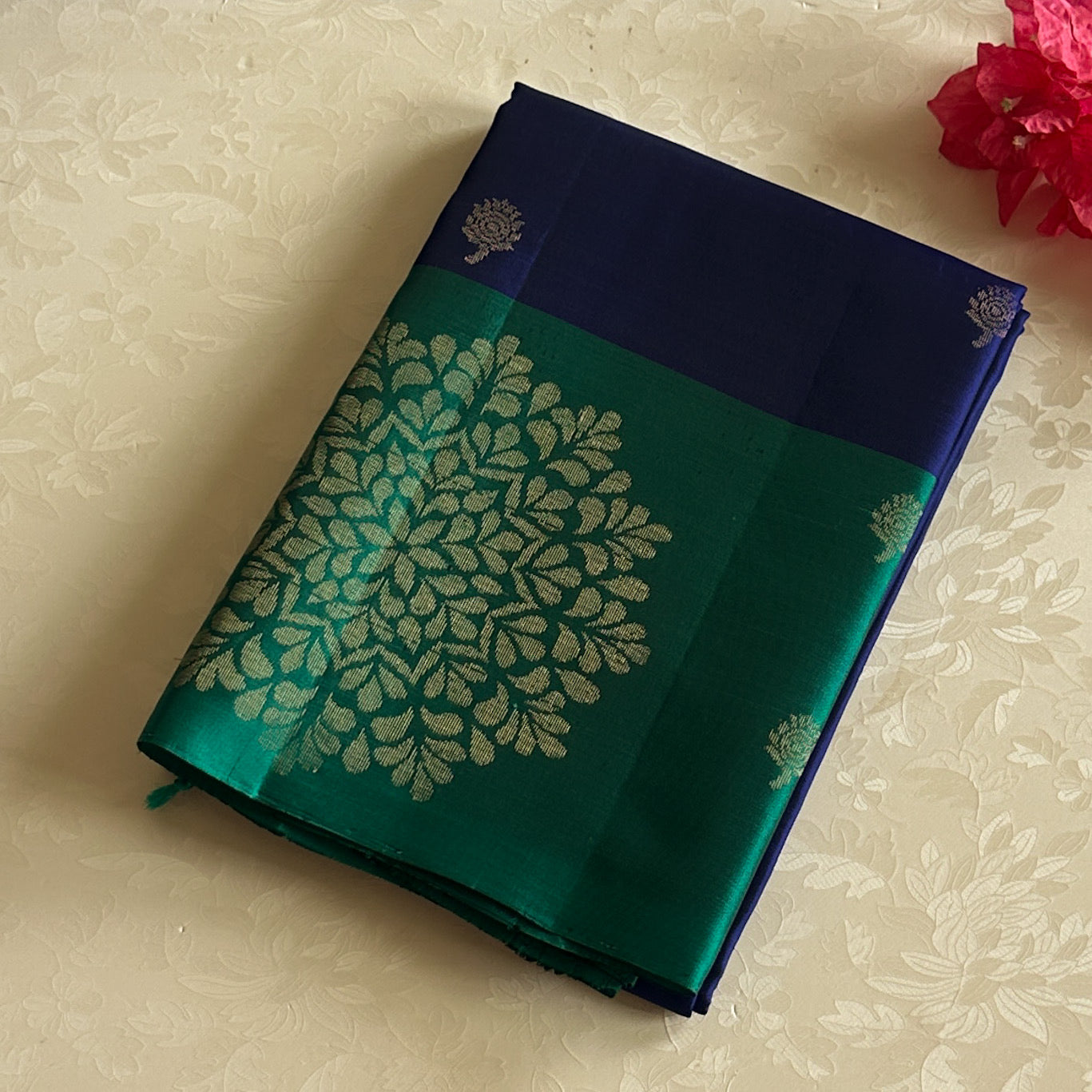 Royal Blue Teal Green Silk Saree Gold Zari Buti Work