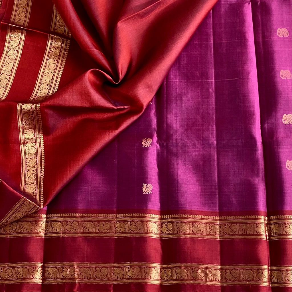 Grape Magenta Designer Pure Silk Saree With Maroon Pallu And Zari
