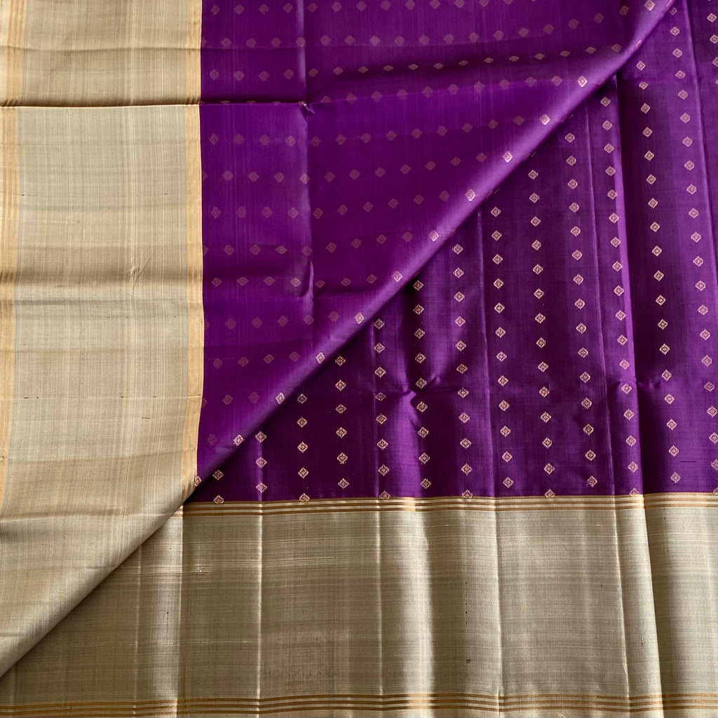 Royal Purple Designer Pure Silk with Metallic Grey With Tiny Buttas All over