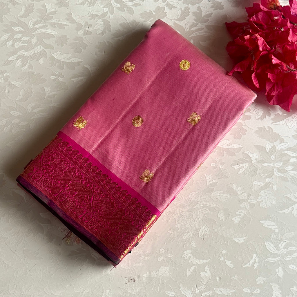 Blush Pink Kanjeevaram Pure Zari Silk Saree With Rani Pink Pallu