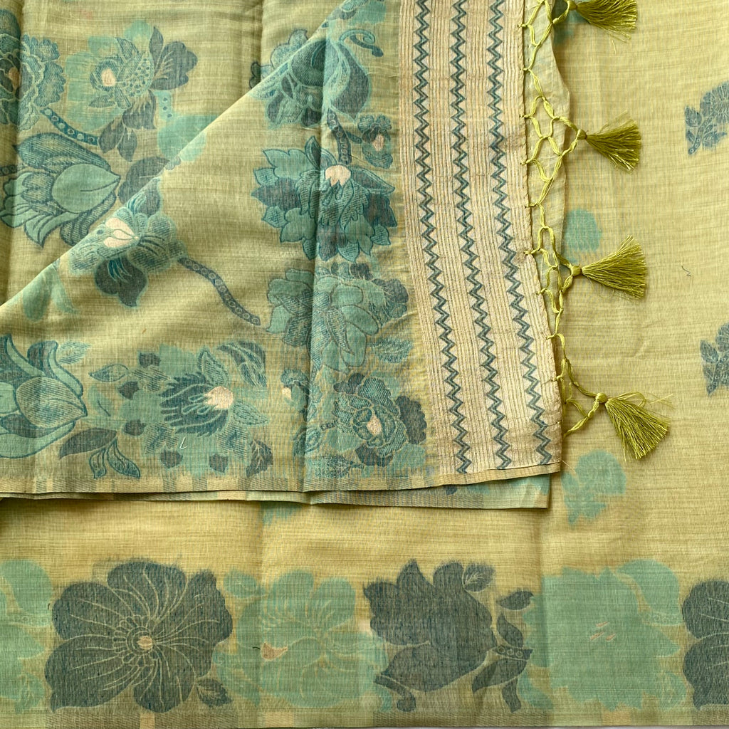 Pistachio Teal Floral Tussar Cotton With Tassel Pallu For Casual