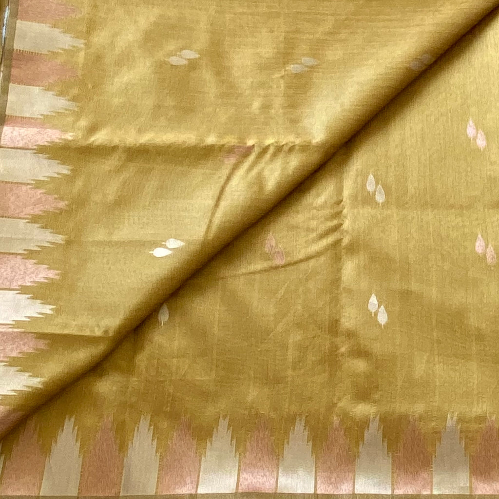 Mustard gold soft tussar with olive green ikkat pallu & temple borders
