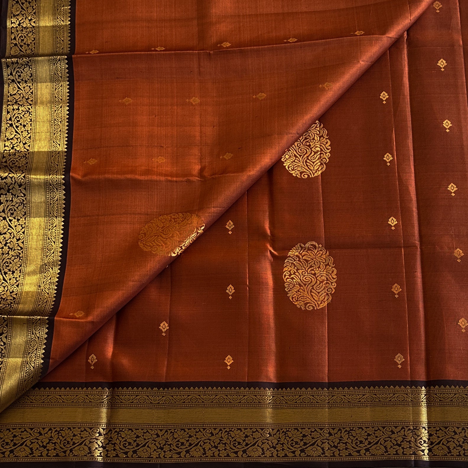 Rust Orange Purple Kanjivaram Silk Saree Gold Zari Border Pallu