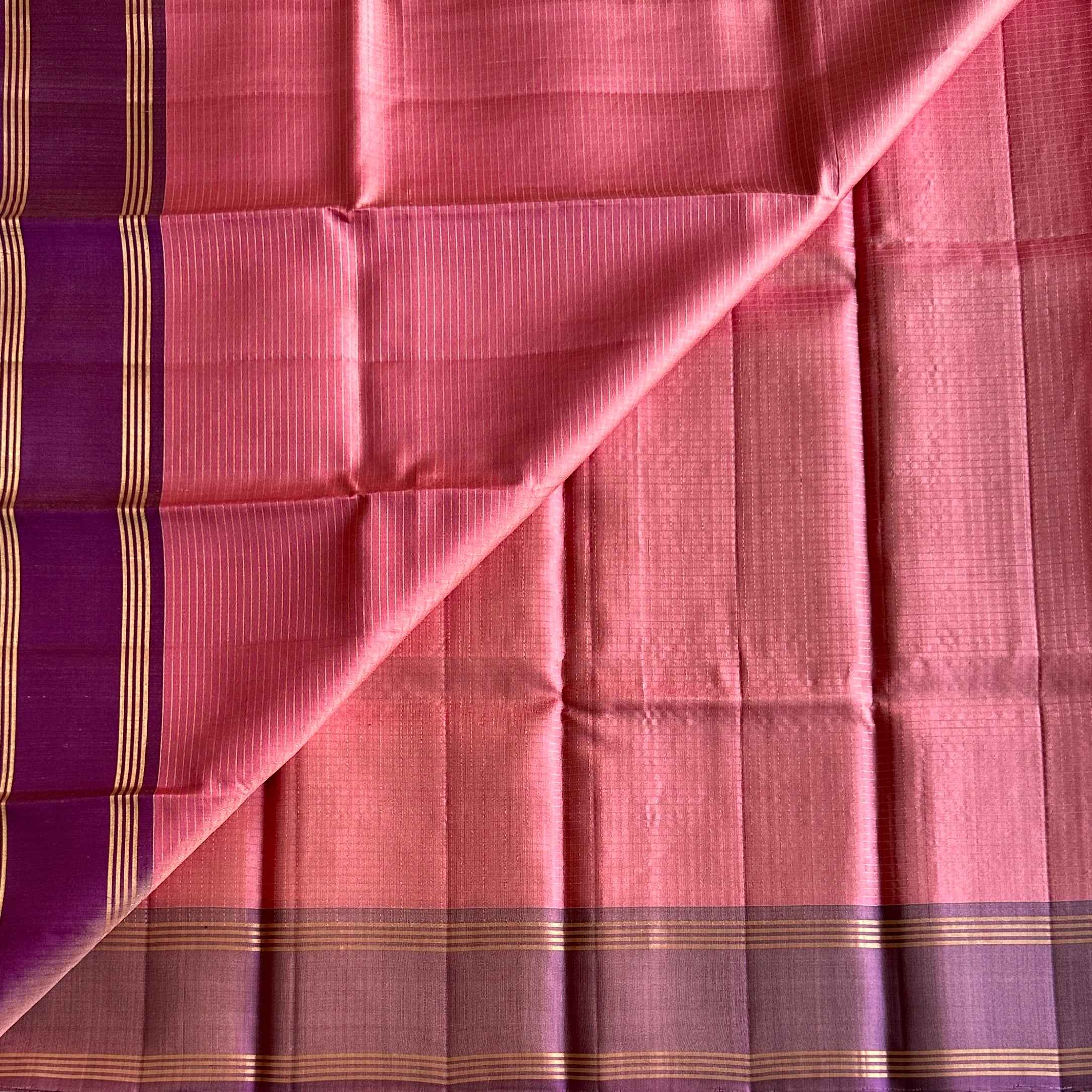 Coral Pink Luminous Saree Plum Purple Pallu Gold Zari Traditional
