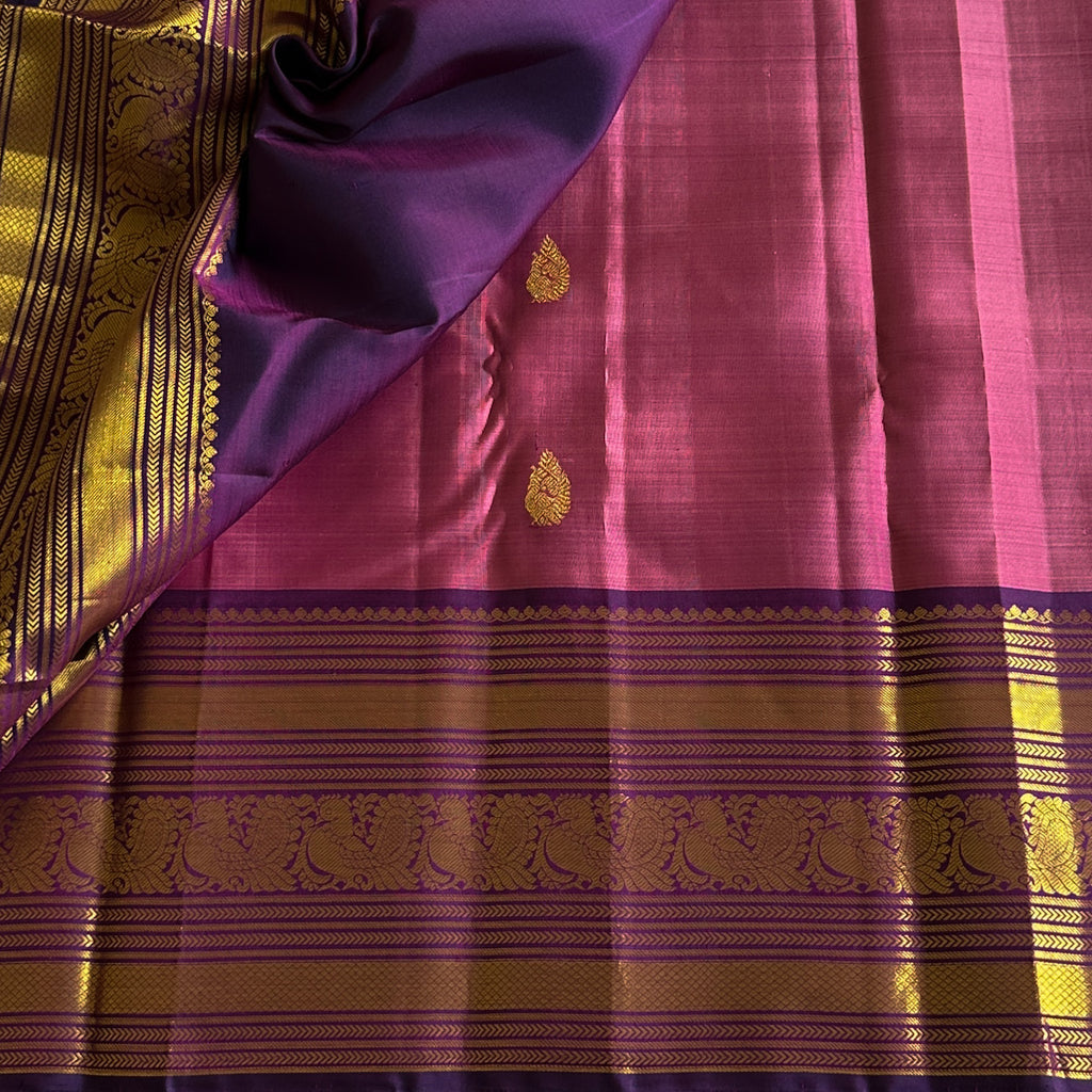 Magenta Silk Saree with Gold Brocade Pallu and Purple Border
