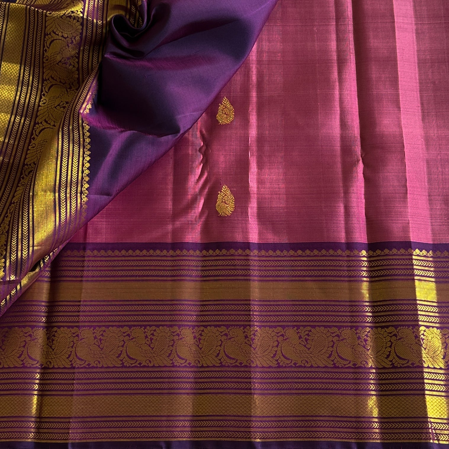 Magenta Silk Saree with Gold Brocade Pallu and Purple Border