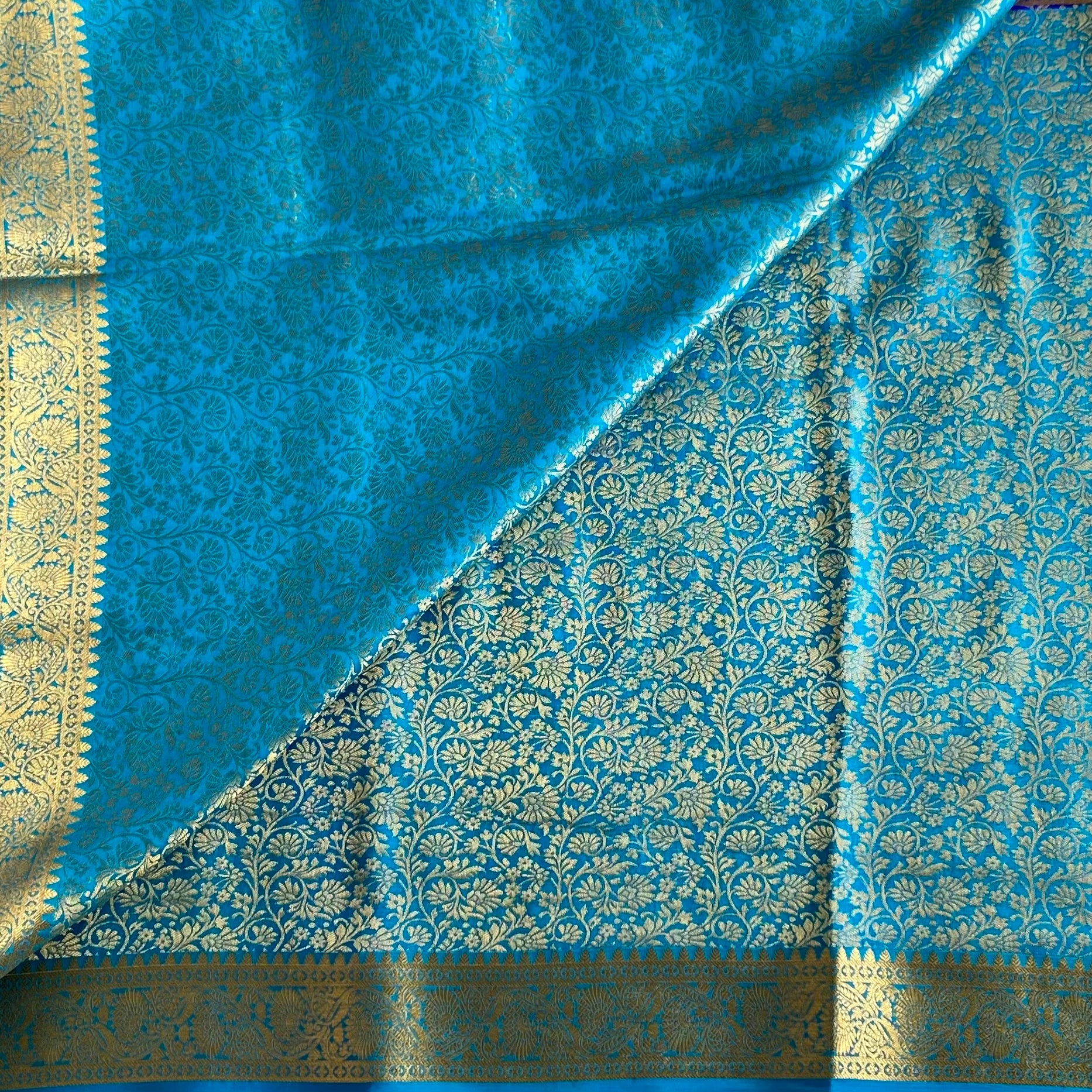 Royal Blue with Turquoise Half n Half Mysore Crepe Silk Saree With Metallic Gold Details