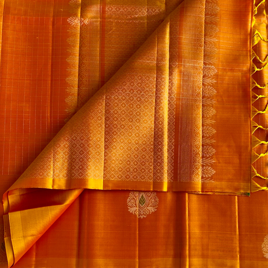 Sunset Orange Designer Pure Silk Saree With Checkered Pallu