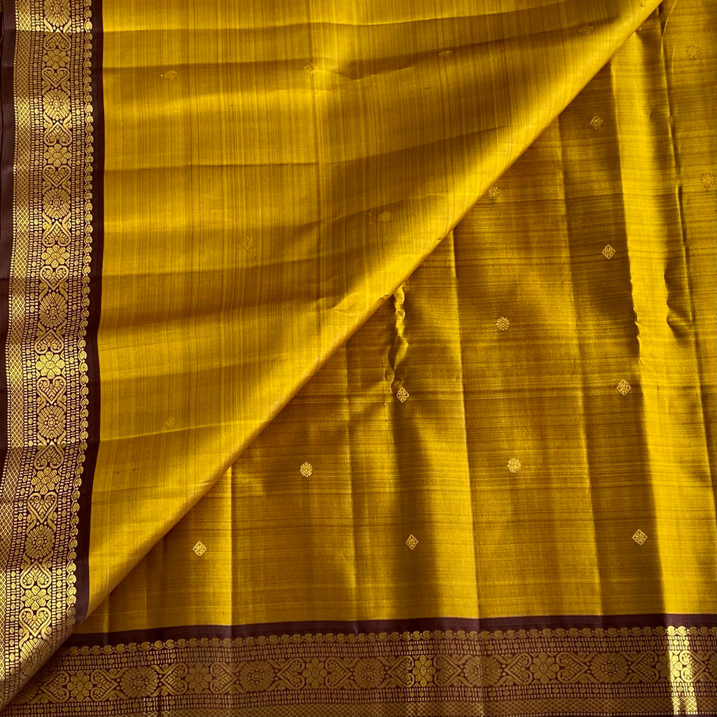 Mustard Yellow Kanjeevaram Pure Zari Silk Saree With Deep Wine Pallu