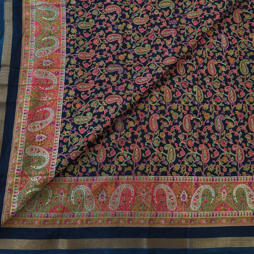 Midnight Blue Paisley Floral Silk Saree with Gold Zari Border