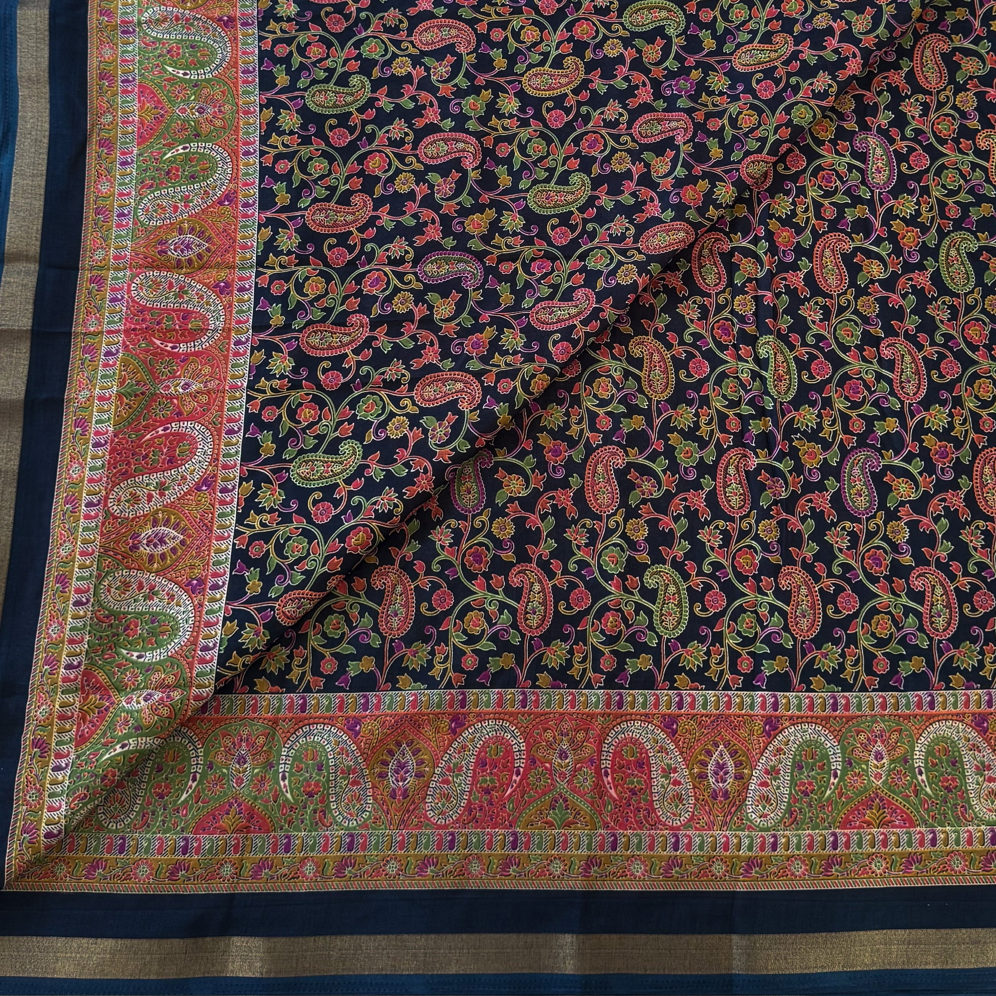 Midnight Blue Paisley Floral Silk Saree with Gold Zari Border