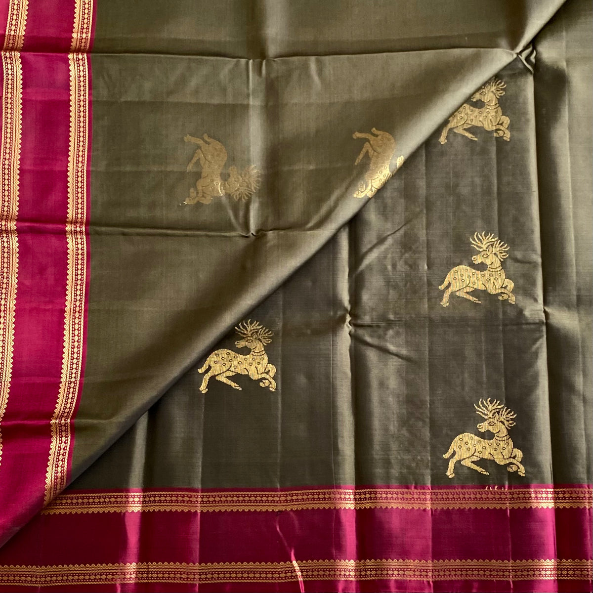 Rare Olive mix Grey Designer Pure Silk Saree With Magenta Pink Pallu