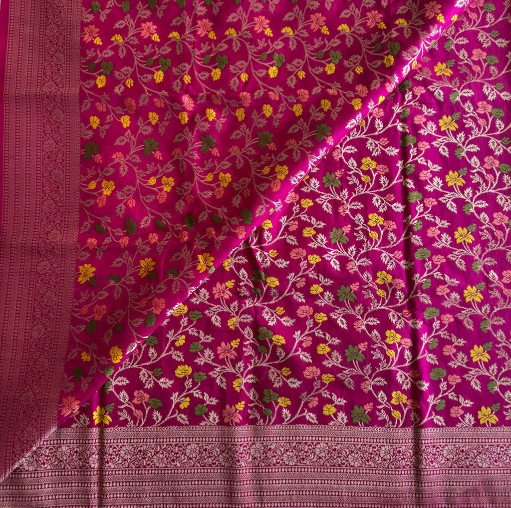 Fuchsia Gold Brocade Floral Saree Rich Woven Pallu Tassels Traditional